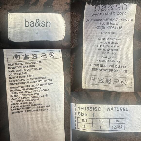 ba&sh Sisco Animal Print Ruffle Sheer Blouse Brown Black Naturel Career Sz Small - Picture 11 of 12